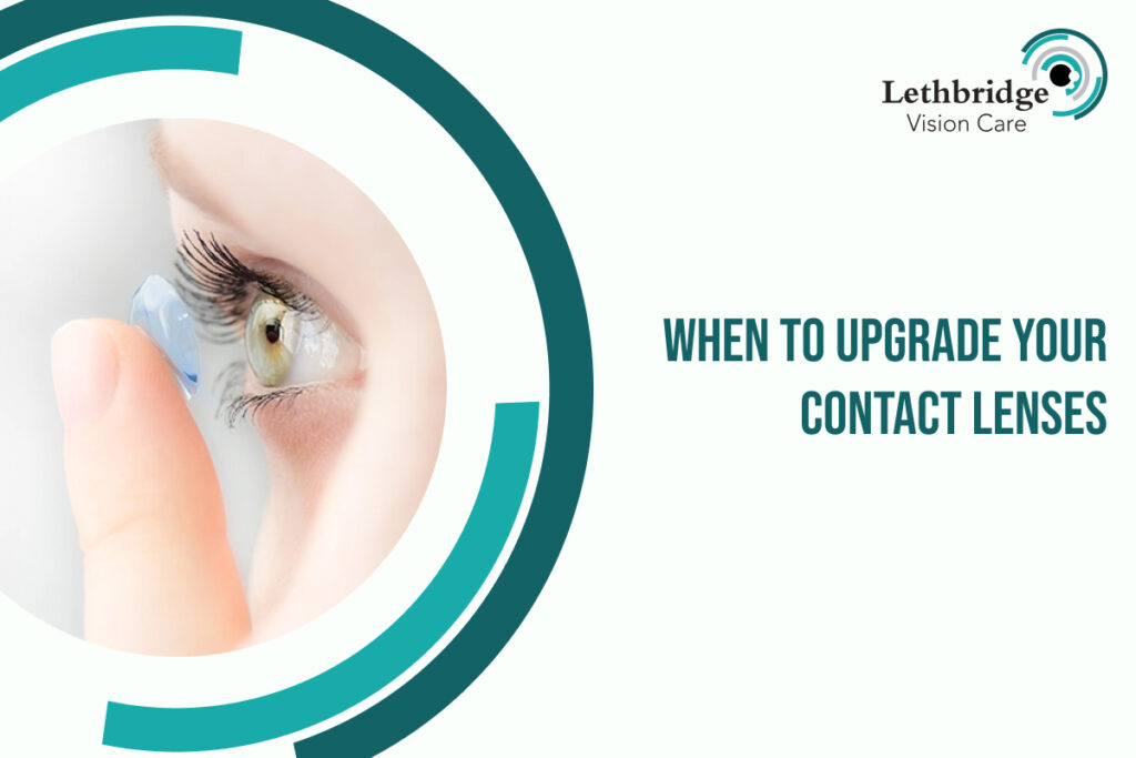 Close-up of an eye with a hand holding a contact lens on a fingertip, about to apply it—illustrating the importance of proper fit and comfort when upgrading to modern contact lenses.