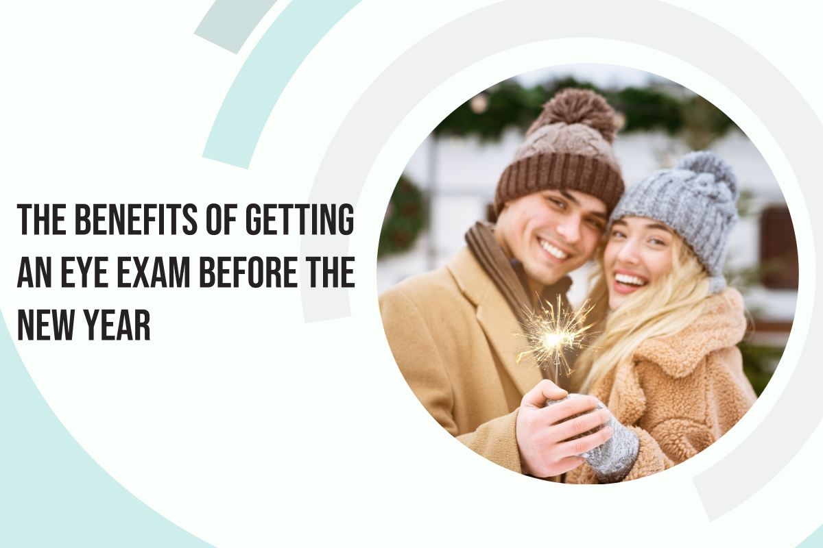 A couple looks into the camera and smiles. We at Lethbridge Vision Care stand ready to have you in for an eye exam before the new year.